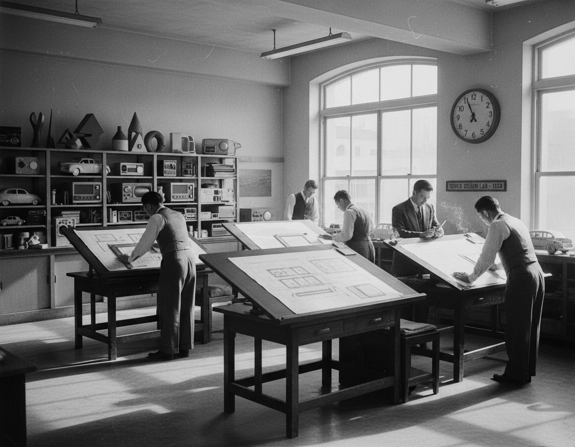 Archival photograph of designers at drafting tables